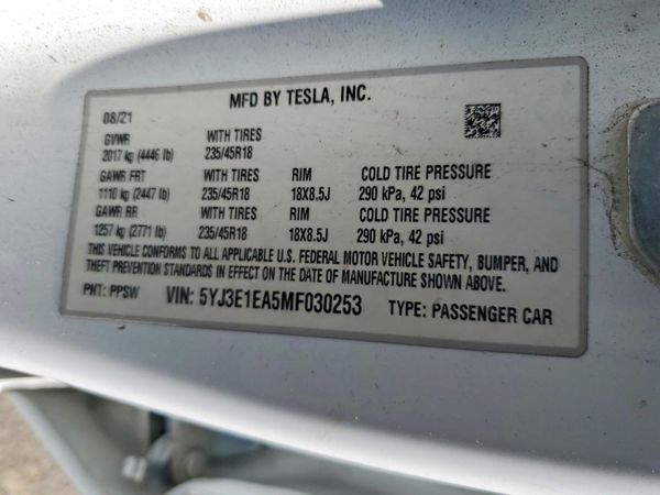 2021 TESLA MODEL 3 — VINS
