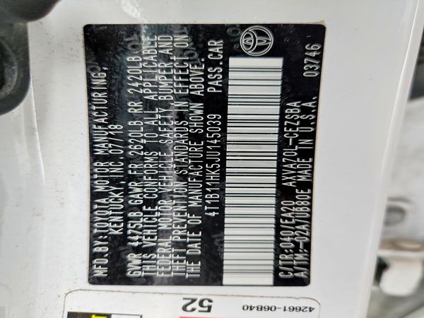 2018 TOYOTA CAMRY L/LE/SE/XLE — VINS