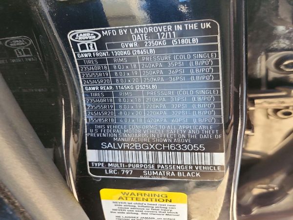 2012 LAND ROVER RANGEROVER Pure Premium — VINS