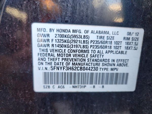 2012 HONDA PILOT EX-L with RES — VINS