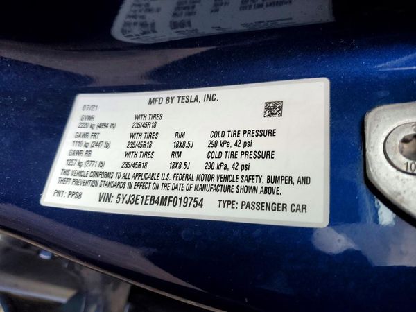 2021 TESLA MODEL 3 — VINS