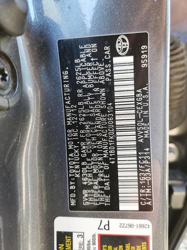 2012 TOYOTA CAMRY SOLA Hybrid — VINS
