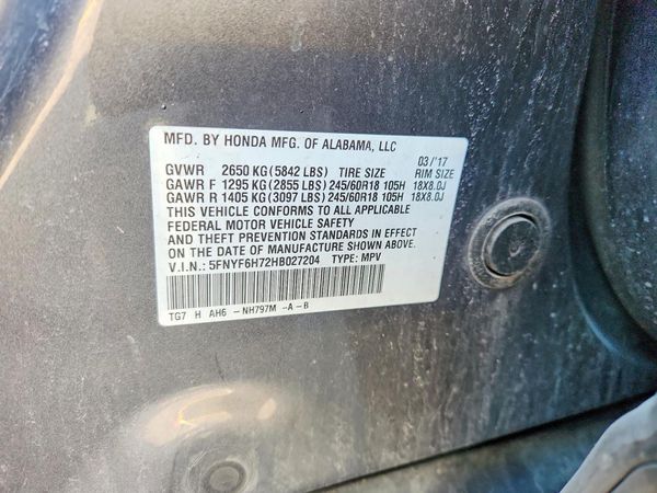 2017 HONDA PILOT EXL-N — VINS