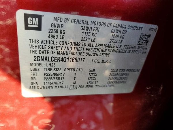 2016 CHEVROLET EQUINOX LT — VINS
