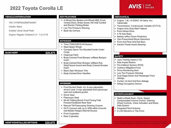 2022 TOYOTA COROLLA LE