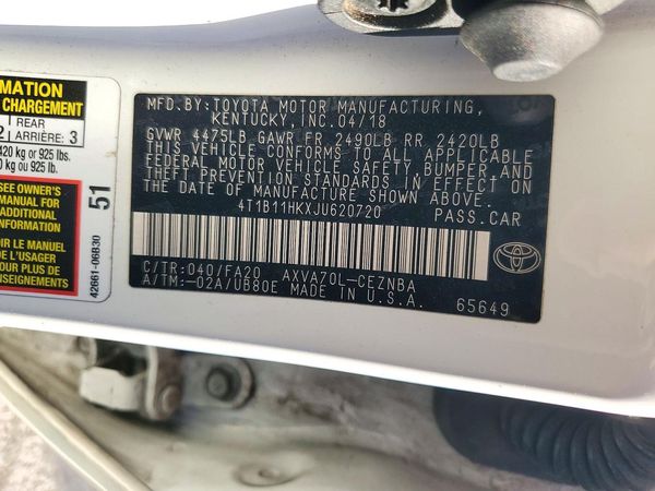 2018 TOYOTA CAMRY L/LE/SE/XLE — VINS