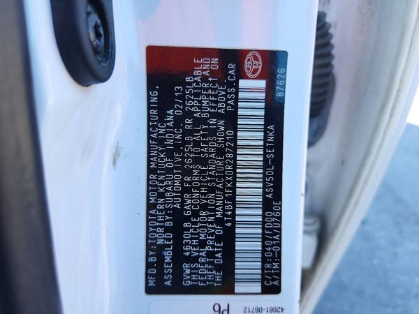 2013 TOYOTA CAMRY — VINS
