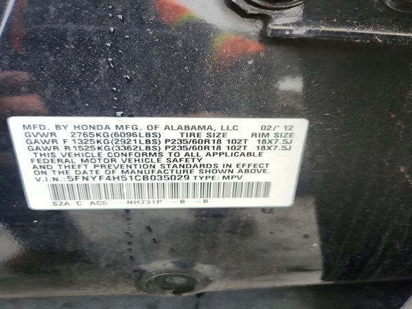 2012 HONDA PILOT EX-L — VINS