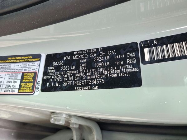 2026 KIA K4 LX, LXS — VINS