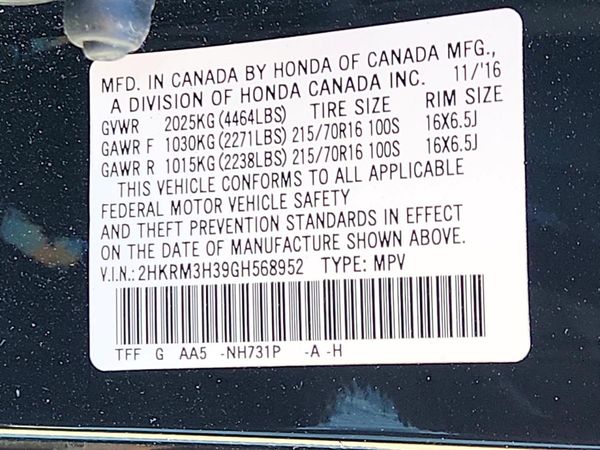 2016 HONDA CRV LX — VINS