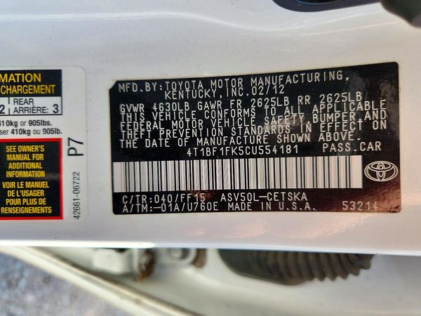 2012 TOYOTA CAMRY — VINS