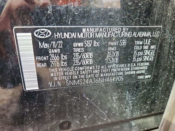 2022 HYUNDAI SANTA FE SEL — VINS