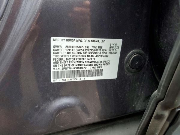 2017 HONDA PILOT EXL SENSING — VINS