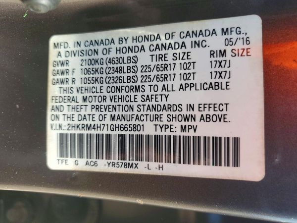 2016 HONDA CRV EX-L — VINS