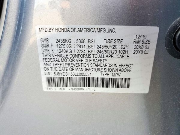 2020 ACURA MDX TECH 7P — VINS
