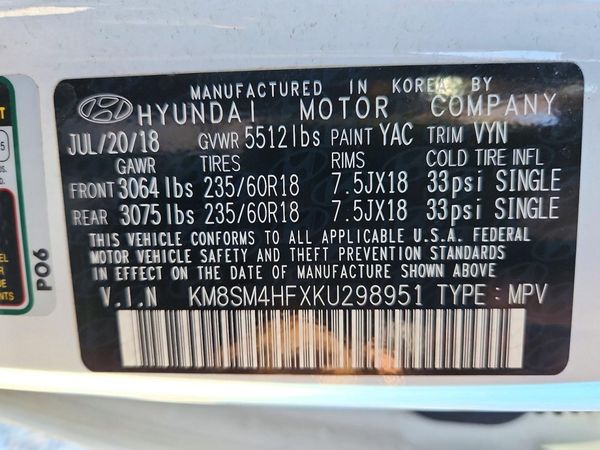 2019 HYUNDAI SANTA FE SE Base — VINS