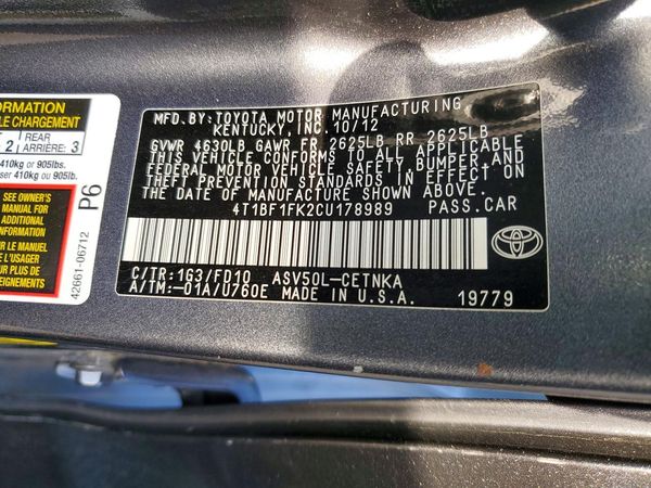 2012 TOYOTA CAMRY — VINS