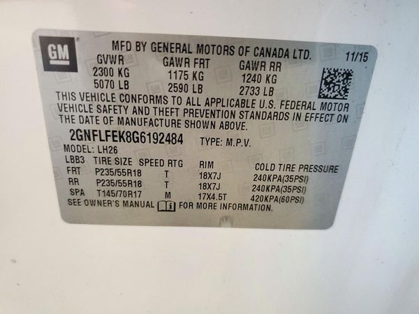 2016 CHEVROLET EQUINOX LT — VINS
