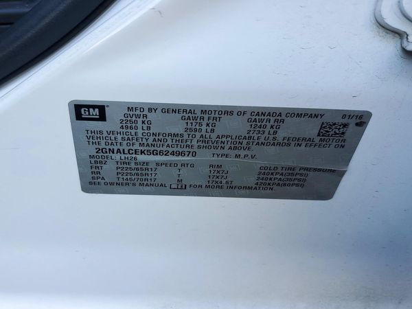 2016 CHEVROLET EQUINOX LT — VINS
