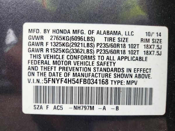 2015 HONDA PILOT EX-L — VINS