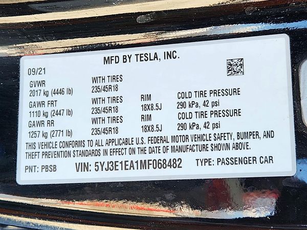 2021 TESLA MODEL 3 — VINS