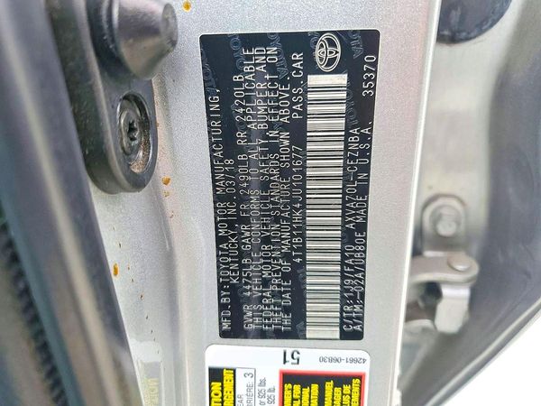2018 TOYOTA CAMRY L/LE/SE/XLE — VINS