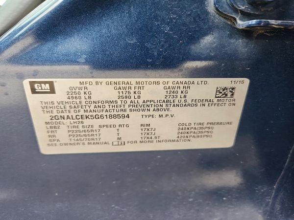 2016 CHEVROLET EQUINOX LT — VINS