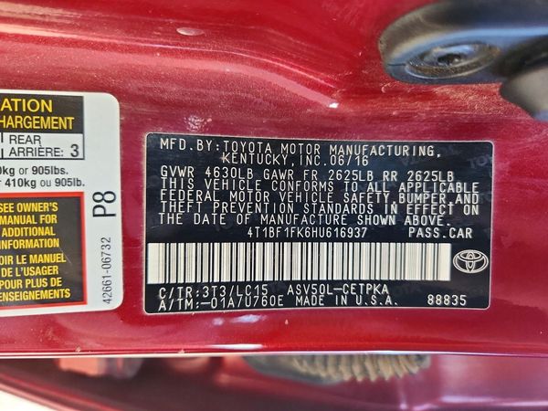 2017 TOYOTA CAMRY LE/SE/XLE/XSE — VINS