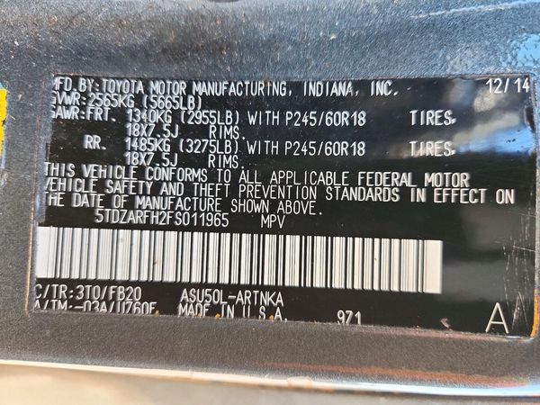 2015 TOYOTA HIGHLANDER Base/Hybrid — VINS