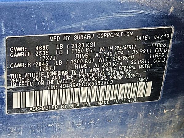 2019 SUBARU OUTBACK Premium+ES — VINS