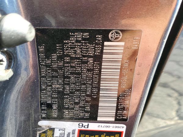 2012 TOYOTA CAMRY — VINS