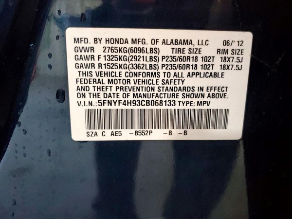 2012 HONDA PILOT TOURING — VINS