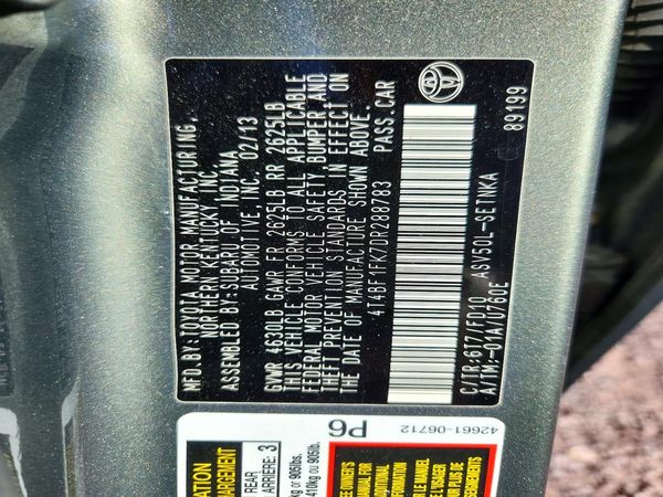 2013 TOYOTA CAMRY — VINS