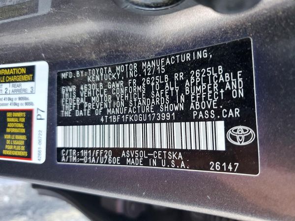 2016 TOYOTA CAMRY — VINS