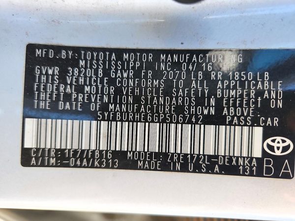 2016 TOYOTA COROLLA L/LE — VINS