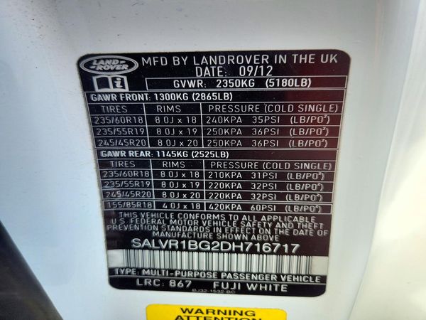 2013 LAND ROVER RANGEROVER Pure Premium — VINS