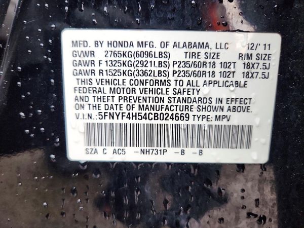 2012 HONDA PILOT EX-L — VINS