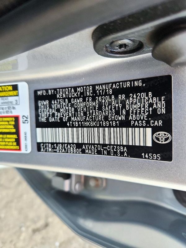 2019 TOYOTA CAMRY L/LE/SE/XLE — VINS