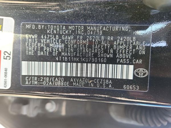 2019 TOYOTA CAMRY L/LE/SE/XLE — VINS