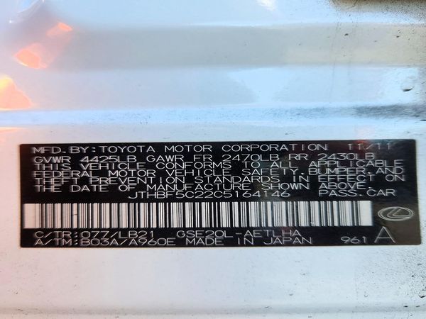 2012 LEXUS IS 250 250C — VINS