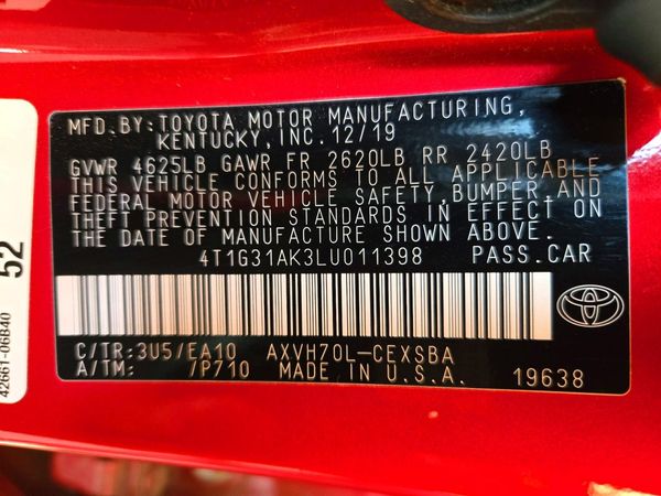 2020 TOYOTA CAMRY SE Hybrid — VINS