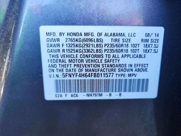 2015 HONDA PILOT EX-L with RES — VINS
