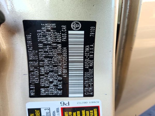 2012 TOYOTA CAMRY — VINS