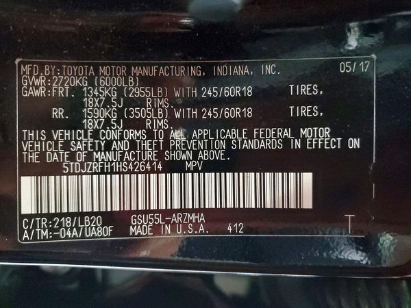 2017 TOYOTA HIGHLANDER SE/XLE — VINS