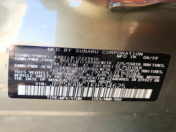 2019 SUBARU FORESTER — VINS