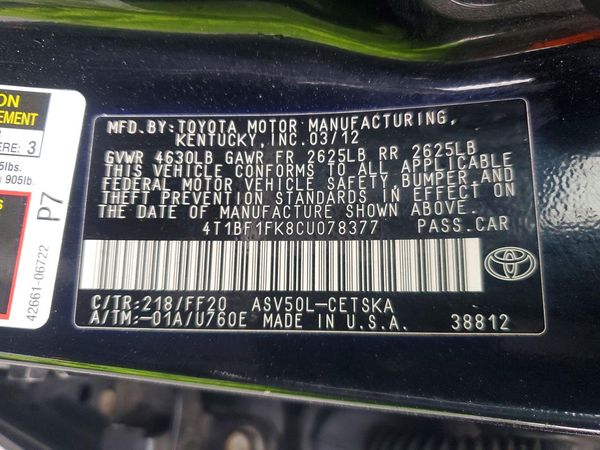 2012 TOYOTA CAMRY — VINS