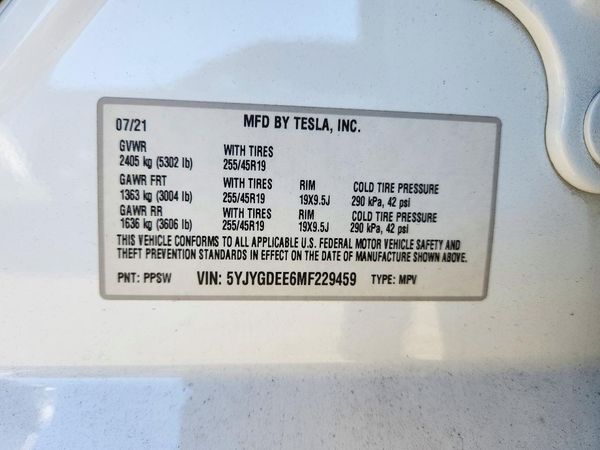 2021 TESLA MODEL Y — VINS