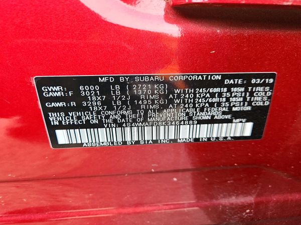 2019 SUBARU ASCENT Premium 7+ES+KA — VINS