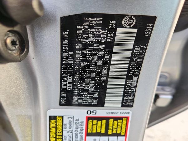 2018 TOYOTA CAMRY L/LE/SE/XLE — VINS