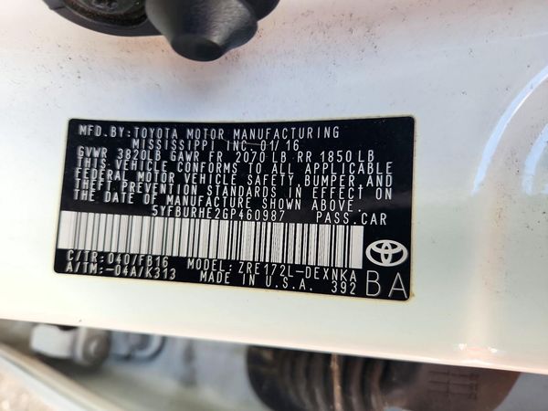 2016 TOYOTA COROLLA L/LE — VINS